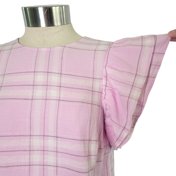 A New Day Pink Plaid Ruffle Sleeve Linen Blend Top Size XS Lightweight Spring - Picture 3 of 8